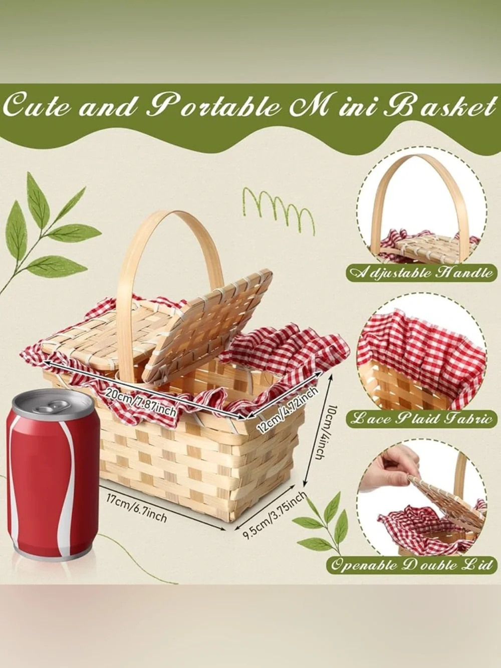 Teenyyou Mini Picnic Basket, Costume Accessory, Small Gingham Picnic Hamper